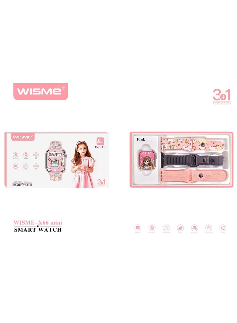 WISME X66 Mini Kids Smart Watch With Bluetooth Calling 3 Pair Straps and Charging Cable Pink - Image 3